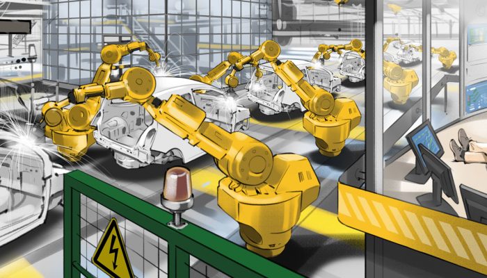 Robots welding empty car shells on car production line